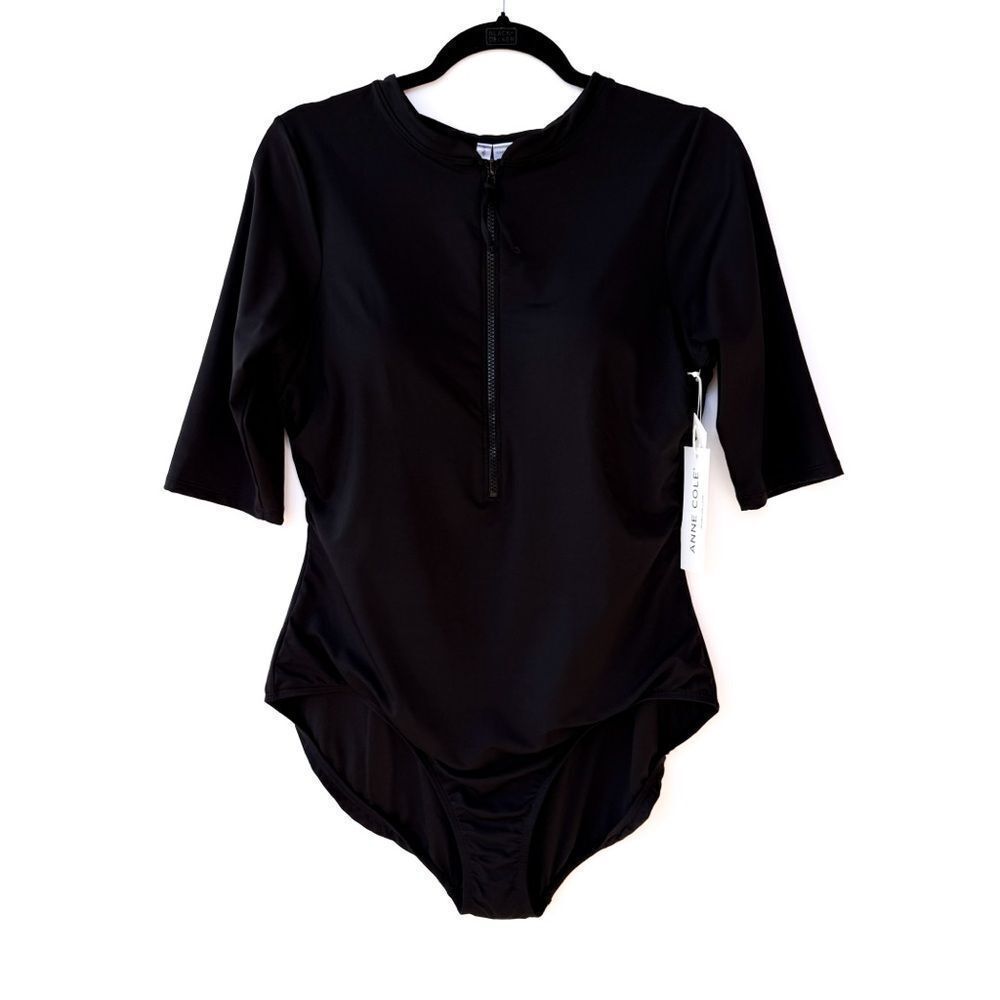 NWT Anne Cole Black Short Sleeve One Piece Live In Half Zip Rash Guard Swimsuit - Picture 4 of 13
